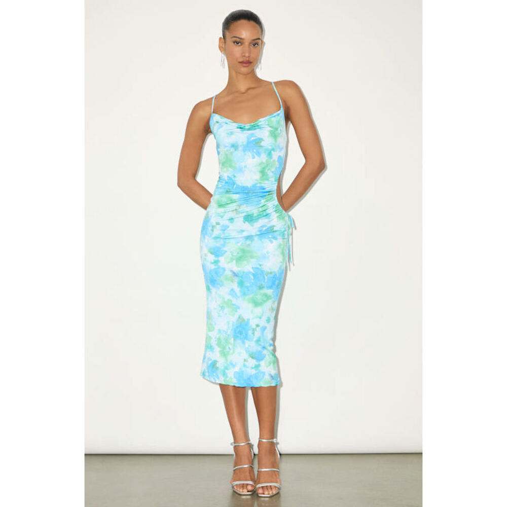 Lulus Vibrant Babe Blue Multi Floral Cutout Drawstring Midi Dress - Size M